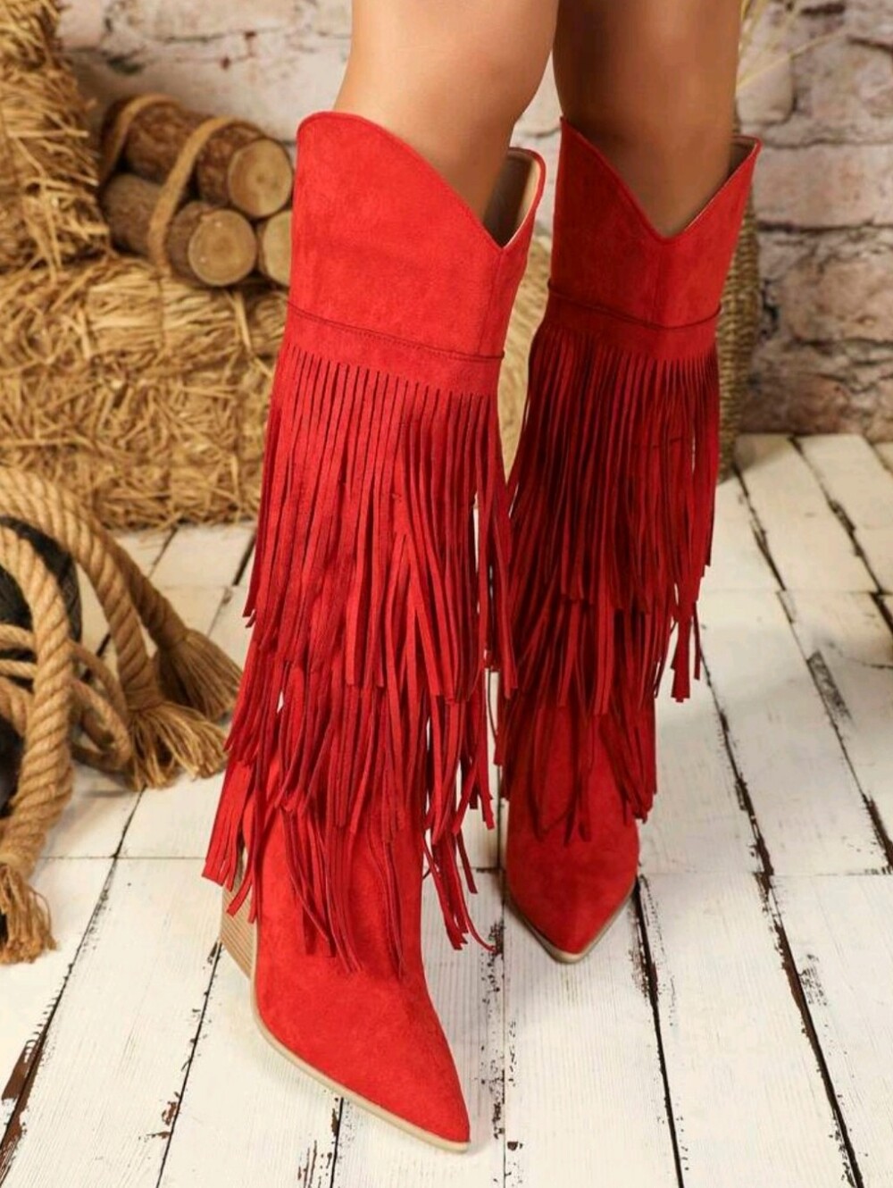 Fall/Winter 2025 Women Sexy Red Knee-High Geometric Faux Suede Chunky Heel Vacat
